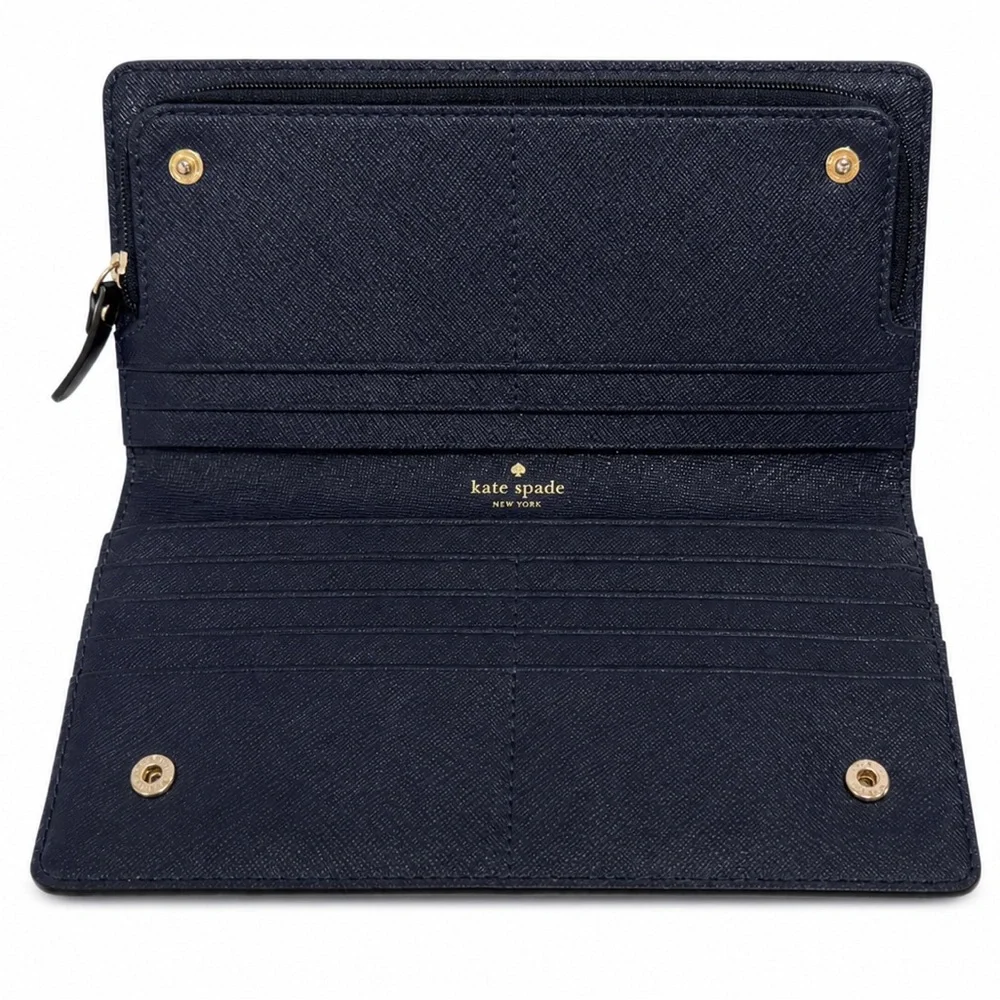 Kate Spade New York Navy Saffiano Leather Slim Wallet Clutch Gold Logo Zip